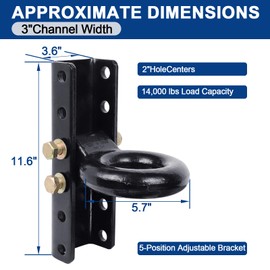 Heavy Duty Adjustable Pintle Hitch Lunette Ring, 14,000 lbs Capacity, 5-Position Channel, Iron Towing Assembly for Trailers, Black