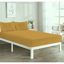 Comfort Collections Fitted Bed Sheet With FREE MATCHING 2 X PILLOW CASES Poly Cotton Percale Easy Care Plain Dyed Bed Sheet Mustard Small Double 4FT