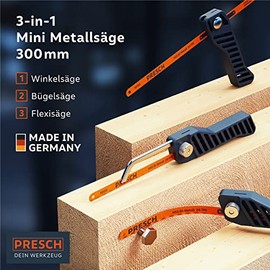 Presch Mini Hacksaw Flexible 300 mm - 3-in-1 Hacksaw Including Hacksaw Blade - Adjustable Saw Handle with Saw Blade for Metal - Small Iron Saw - Junior Hacksaw