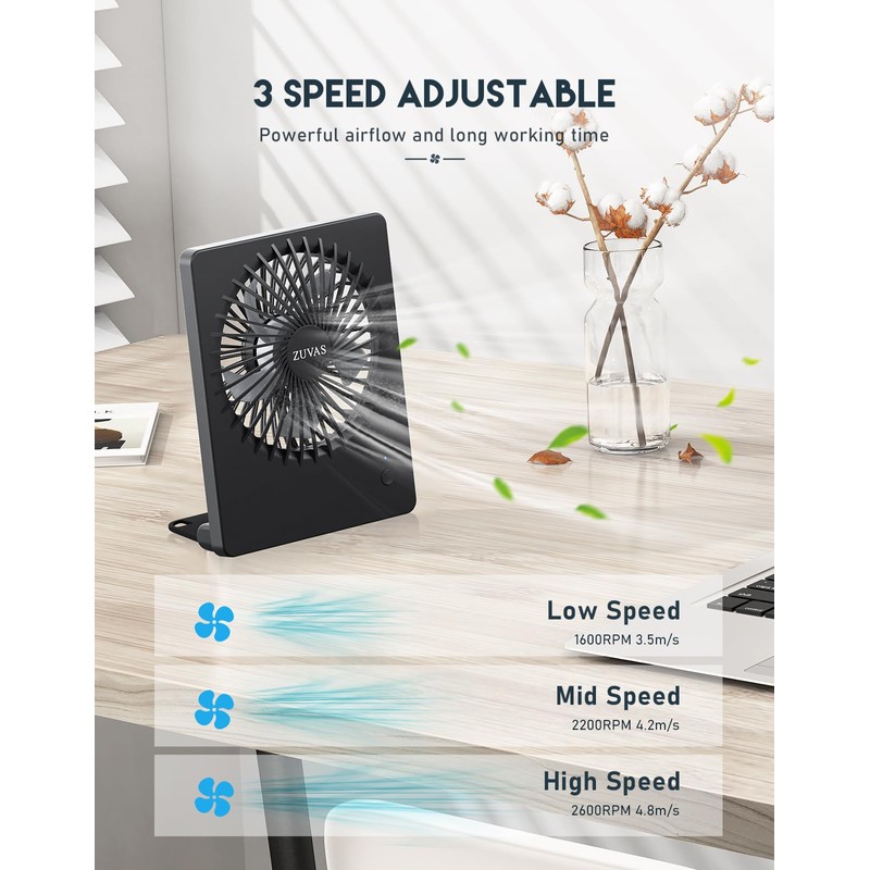 Zuvas Desk Fan Battery Operated, Rechargeable 180°Tilt Folding Personal Ultra