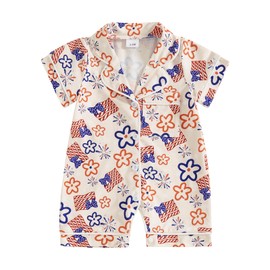 4th of July Newborn Baby Girl Pajamas Romper American Flag Shorts Sleeve Button Down Independence Day One Piece Pjs (Beige, 18-24 Months)