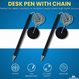 1InTheOffice Pen with Chain, Counter Security Pen, Adhesive Round Pad, Black, 6 Pack