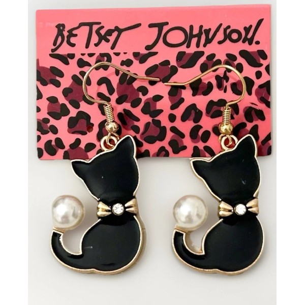 Betsey Johnson Black Rhinestone Pearl Kitty Cat Dangle Earrings NWT