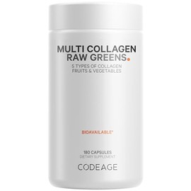 Codeage Multi Collagen Protein + Organic Raw Greens Superfood Capsules Supplement, 21 Fruits & Veggies, Grass-Fed Hydrolyzed Collagen Peptides, 5 Types All-in-One, 180 Count