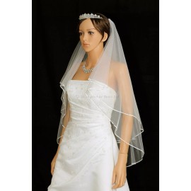 "Handmade" 2T Ivory Fingertip Length 1/8" Ribbon Edge Center Gathered Bridal Wedding Veil
