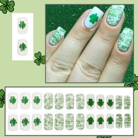 24 Pcs St. Patrick’s Day Press on Nails RIICFDD Short Fake Nails Square False Nails Green Line Clover Stick on Nails with Pure Color Designs Full Cover Acrylic Nails Glue on Nails for Women Nail Art
