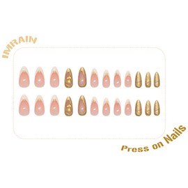 IMRAIN Medium Almond Press on Nails French Tip Fake Nails with 3D Golden Edge & Rose Design Glossy Glue on Nails Nude Acrylic False Nails Full Cover Stick on Nails for Women 24Pcs