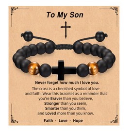 Cross Bracelet for Boys Teen Boy Christian Gifts,Bible Verse Joshua 1:9 Cross Beads Adjustable Bracelet Christian Christmas Easter Baptism Jewelry Gifts for Son Grandson(Son)