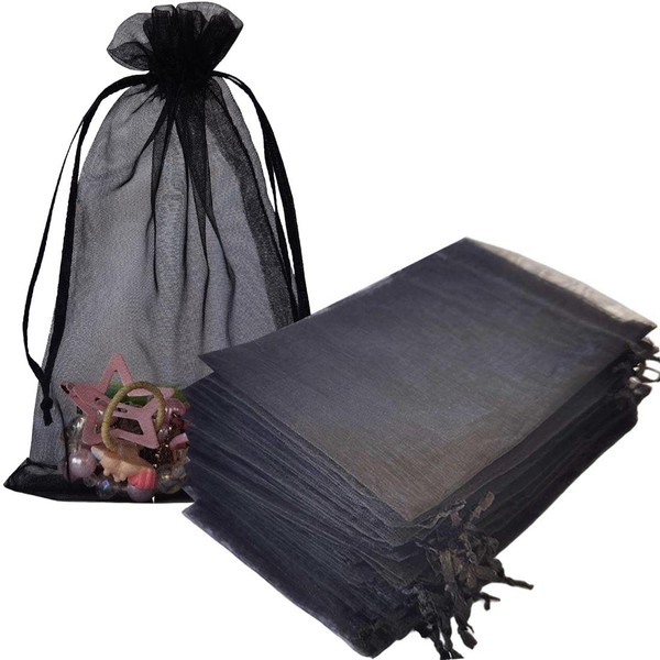 UBGBHO Pack Of 50 Gift Organza Bags 5x7 Inch Black Drawstring for Baby Shower,Christmas,50th Birthday,Party Favor,Rustic Wedding,Holiday Sheer Fabric Recycled Sachet for Jewelry,Dried Lavender Flowers