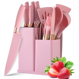 Cherry Pink 19 Piece Kitchen Utensils and Knife Set with Block, Including 9 Silicone Cooking Utensils, 5 Stainless Steel Chef Knives, Scissors, Whisk, Tongs and Cutting Board