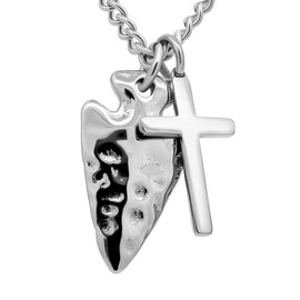 Shields of Strength Men's Stainless Rugged Arrowhead/Perfect Cross Combo Necklace - 2 Samuel 22:2 / John 19:30