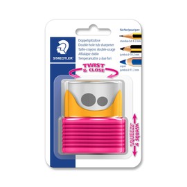 STAEDTLER 513007BK-1 Double Sharpener with Folding Bellow, Two Pointed Holes for Different Pen Formats, Blister Card with 1 Sharpener Yellow/Berry