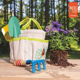 Beetle & Bee Kids Garden Tote Kit – Durable, Easy-to-Clean Gardening Tools Set - Includes Canvas Tote Bag, Hand Rake, Shovel & Trowel - Perfect Toddler Gardening Set