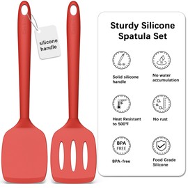 Coukre 2 Pack Silicone Spatula Set, High Heat Resistant, BPA Free Kitchen Spatula, Solid & Slotted Turner for Non-Stick Pans, Sautéing, and Flipping (2, PureRed)