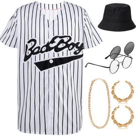 Jiuguva 90s Outfit for Women Hiphop Baseball Shirt Bucket Hat Retro Glasses Chain Necklace Earrings for 90s Costume Party(Large)