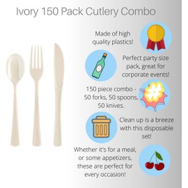 Exquisite 150 Pack Ivory Plastic Utensils Heavy Duty Cutlery Set 50 Plastic Forks 50 Plastic Spoons 50 Plastic Knives Perfect Plastic Silverware Party Pack Set for all occasions