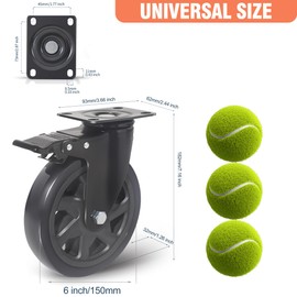 6 Inch Caster Wheels, Casters Set of 4, Heavy Duty Casters with Brake 3000 Lbs,Swivel Castr Wheels with Top Plate, Industrial Caster Wheels for Workbench, Warehouse Equipment, CNC Machine Mobility