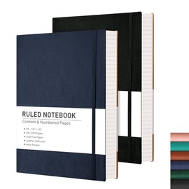 RETTACY Lined Journal Notebook, 2-Pack, 204 Numbered Pages per Pack, B5 Medium 7.6" × 10", Leather Softcover, 100 GSM Thick Paper, for Writing, Work, School (Black & Navy Blue)