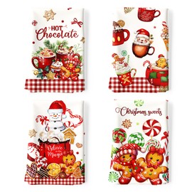 Arquiel 4 Pcs Christmas Kitchen Towel 100% Cotton Gingerbread Man Absorbent Dish Towels 70 x 48 cm Housewarming Candy Decorative Hand Towels for Dining Home