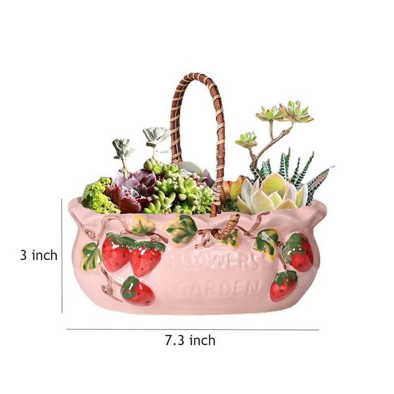Sizikato Stoneware Porcelain Flowerpot with Handle, 7.3-Inch Succulent Planter, Red