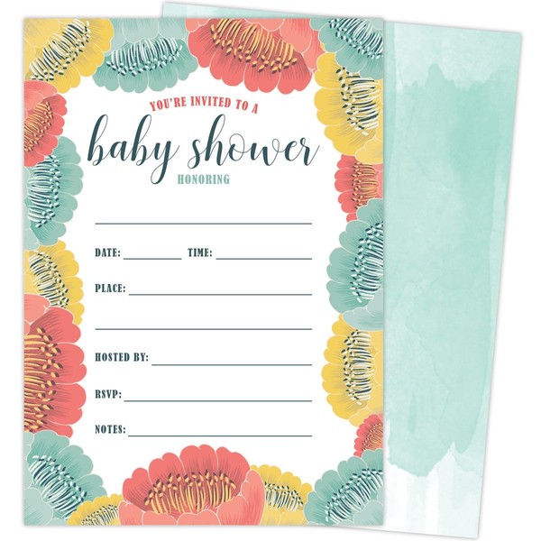 Baby Shower Party Invitations, Fill-in Style for Girls and Boys with Elegant, Bright and Bold Floral, Unisex Design. Set of 20 Cards and Envelopes.