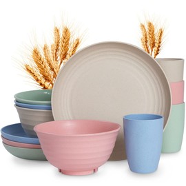 12pcs Plastic Wheat Straw Dinnerware Sets, Wheat Straw Plates and Bowls Sets for 4 College Dorm Room Essentials Microwave Dishwasher Safe (Colourful)