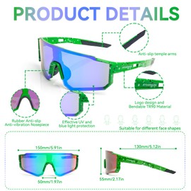 RTUOHUIN Fast Glasses, Cycling Glasses Sunglasses for Men and Women, UV400 Protection, Sports Glasses, TR90 Flexible Frame for MTB, Road Bike, Bicycle, Skiing, Running, Rave - Green