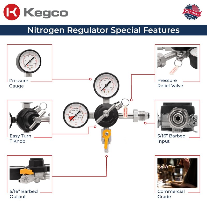 Kegco Commercial Grade Double Gauge Primary Kegerator Nitrogen Gas Regulator