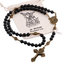 HanlinCC Black Lave Stone Beads Saint Michael Catholic Rosary Necklace with Gift Bag, 46cm length, Zinc, No Gemstone