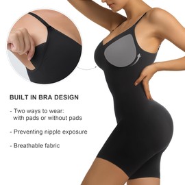 SHAPERX Women's Bra Free Bodysuits Tummy Control Shapewear Mid Thigh Body Shaper with Removable Pads,SZ5468-Black-XXS/XS