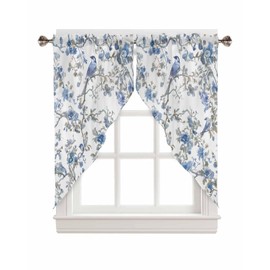 Swag Curtain Valance for Windows, Chinese Style Blue Flower Bird Rod Pocket Kitchen Swag Curtains, Pastoral Farmhouse Floral Swag Valances for Bedroom Bathroom Living Room, 28x36in Pack of 2