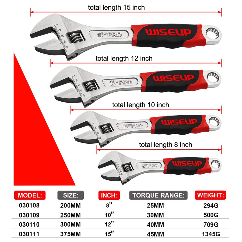 WISEUP Adjustable Spanner Adjustable Cr-V Forged Large Opening Wrench, TPR