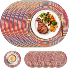 HEYOMART Round Placemats and Coasters Set of 6, 34cm Braided Woven Place Mats Washable Table Mats and Coasters Sets Heat Resistant Table Mats for Kitchen Dining Table Home Restaurant, Rainbow Red