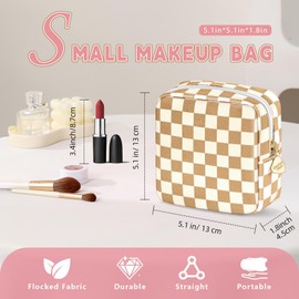 Desing Wish 5.1'' x 5.1'' Small Makeup Bag for Purse Flocked Material Mini Travel Makeup Bag with Two Inner Pockets Portable Cute Cosmetic Bags for Women (Green-White Checker)