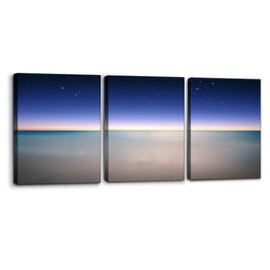 Pacimo 3 Pieces Framed Wall Art Decorations Sky and Sea View at Night Painting Print on Canvas Seascape Modern Artwork for Home Office Decor Gallery Wrapped Ready to Hang - 12"x16"x3 Panels