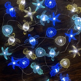 Ocean Beach themed Sea Life Cute Fairy Decorative String Lights Battery Operated, Seahorse Starfish Sea Turtle Clam Nautical Rope Lights Lit by 30 LEDs 10 ft for Holiday Camping Mermaid Wedding