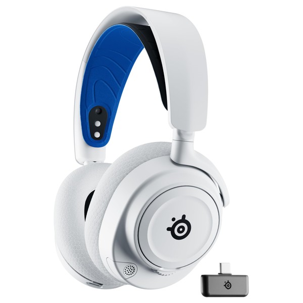 SteelSeries 61561 Wireless Gaming Headphones, Voice Chattable, Connect Games and Smartphones Simultaneously, Arctis Nova 7P Wireless, Enclosed Switch, PC, PS5, PS4, AI Noise Cancelling, Spatial Audio, Hi-Fi Sound, Adjustable, White x Blue