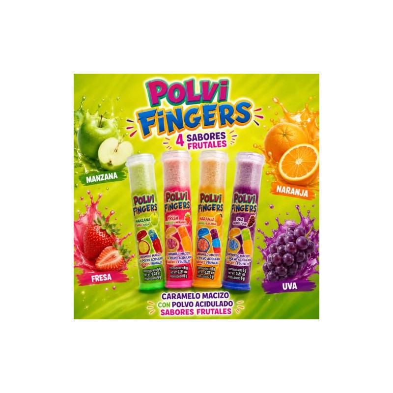 Polvi Fingers 30 piezas, Caramelo Macizo con Polvo Acidulado, Sabores