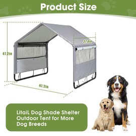 Dog House Outdoor, Large Dog Shade Shelter with Mesh Windows for Dogs, Outside Dog Tent Sun Rain Canopy Pet House for Dogs Cats Goat, 47.2 X 47.2x37.8 inches, Grey