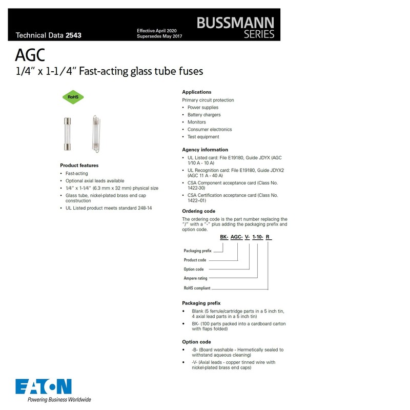 Bussmann AGC-10 AGC Series Fuse, Fast Acting, 10 Amp, 250V,