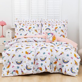 Mooreeke Bed in a Bag for Kids Girls Teens, 8 Pieces Full Size Comforter Bed Set with Shams, Sheet Set and Decorative Toy Pillow, Unicorn Rainbow Super Soft Microfiber Kids Bedding Set
