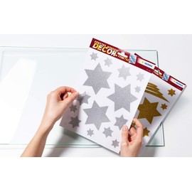 HERMA 45 Christmas Silver Star Stickers for Windows with Glitter Effect, Reusable Xmas Decorations, Large Wall Decals Window Clings for Kids and Children