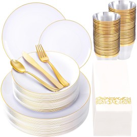 YOUBET 175PCS Gold Rimmed Plastic Plates - White and Gold Disposable Plates Includes 25 Dinner Plate, 25 Dessert Plate, 75Silverware, 25 Cups, 25 Napkins for Wedding & Party & Christmas