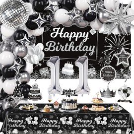 Miidenks 11th Birthday Decorations Set for Boy Girl,Black Silver Happy 11 Birthday Party Supplies with Birthday Backdrop Banner Birthday Tablecloth 11 Number Balloons for Her Him