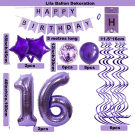 SNOWZAN Balloons 16th Birthday Decoration Purple 32 Inch Giant Numbers Balloons, Latex Foil Balloons Pack of 25