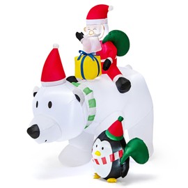 COSTWAY 7 Ft Inflatable Santa Claus Riding Polar Bear with Penguin, Built-in LED Light Blow Ups for Xmas Decor, Inflatable Christmas Decorations for Home Party, Outdoor Lawn, Yard & Garden