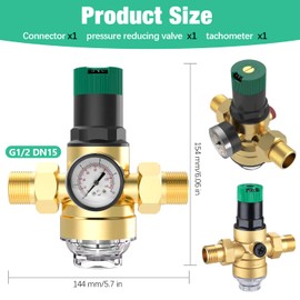 Pressure Regulator Water 1/2 Inch, Water Pressure Regulator with Water Pressure Gauge and Mesh Filter, Water Pressure Valve Made of Brass for Regulating Water Pressure