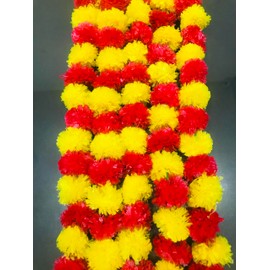 Yellow and Magenta Marigold Flowers String Artificial Garlands 5 String Party Decorations Genda phool mala 5 Feet Long, for Parties, Home Decoration, Diwali Decoration, Indoor Outdoor