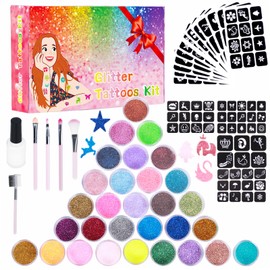 Glitter Tattoo Set Children, DSYZWEE 30 Colours - Temporary Glitter Tattoos with 147 Stencils, 5 Brushes, 2 Glues, Waterproof Tattoo Set for Girls and Boys, Children's Birthday Party