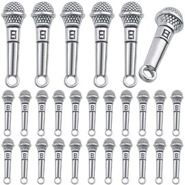 KMOSPAD 60pcs Tibetan Antique Silver Microphone Pendant Charms Vintage Alloy Music Theme Charms Accessories for DIY Necklace Bracelet Keychain Jewelry Making Decor